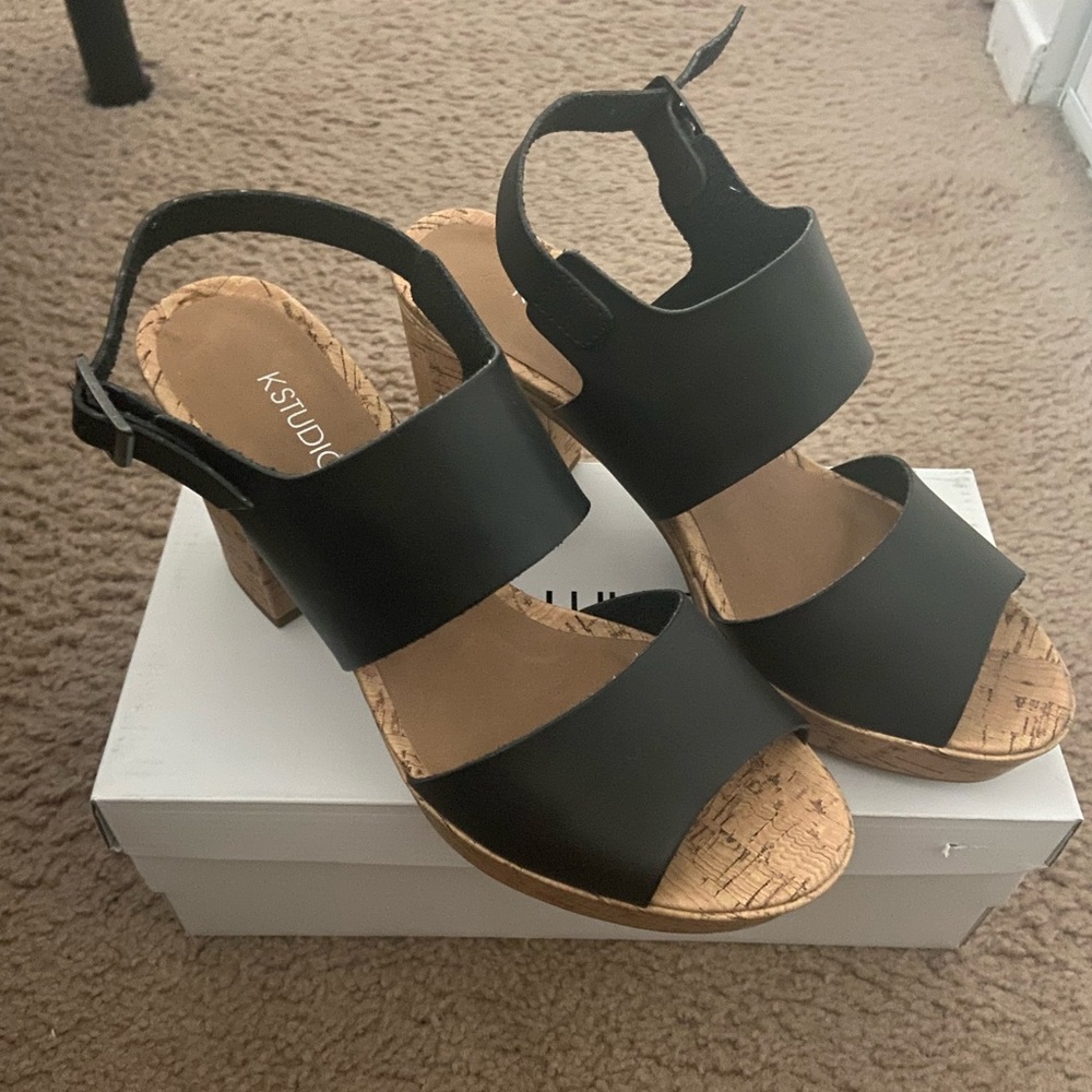 Black platform cork chunky heels